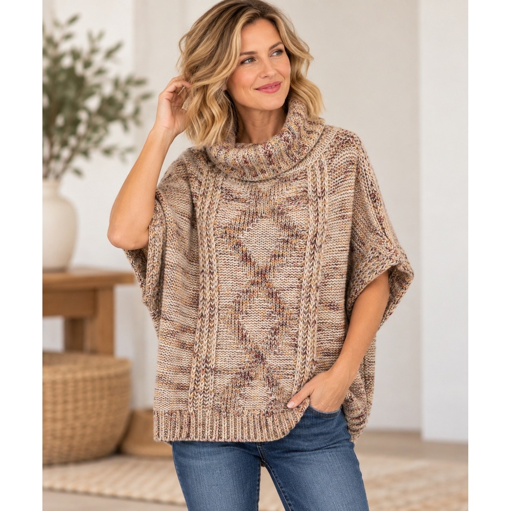 World Market Womens Poncho Sweater One Size Chunky Cable Knit Cowl Neck Boho